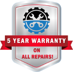 Five-year warranty badge for automotive repair services.
